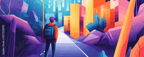 Futuristic cityscape with lonely traveler on road at night, digital art vector