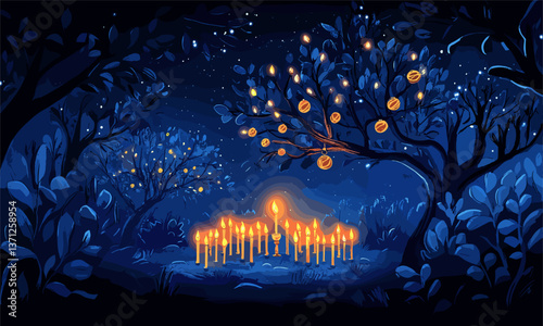 Enchanted night forest with glowing candles and trees under starry sky - vector