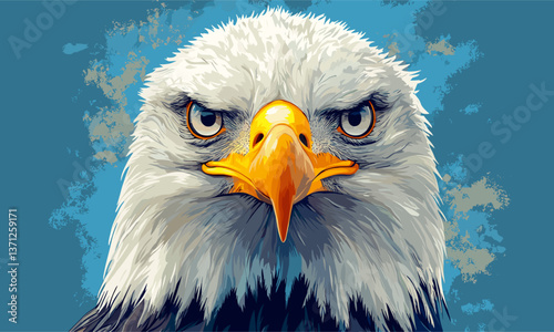 Intense bald eagle portrait on blue background, digital art vector