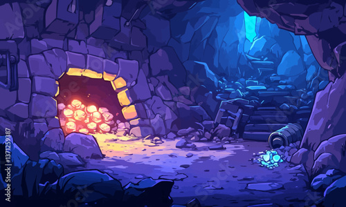Cave entrance with glowing treasure, coins scattered on rocky ground.