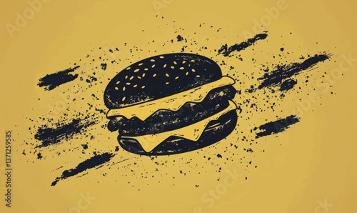 flying burger silhouette with exploding cheeseburger elements