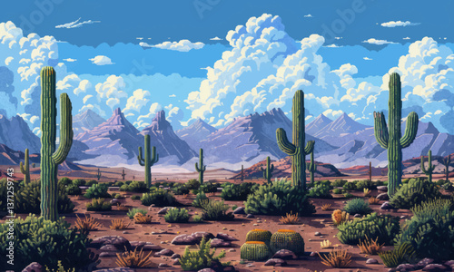 Pixel art desert landscape with cacti, hyper-realistic 4K photo.