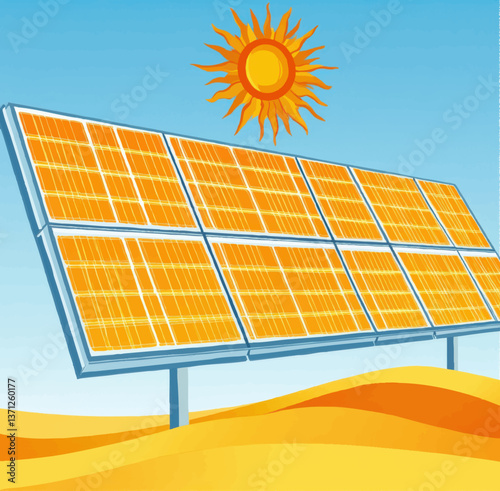 Vector Illustration of Solar Energy Panels Under Sunny Sky in Desert Landscape Promoting Renewable Green Energy Conservation and Sustainable Environment Solutions