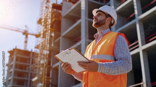 A construction worker surveying a building site with a clipboard in hand. Featuring oversight and professionalism
