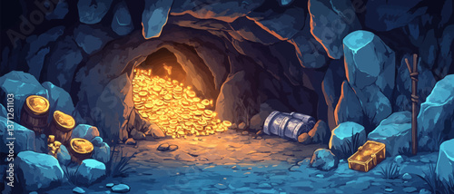 Cave entrance with glowing treasure, coins scattered on rocky ground.