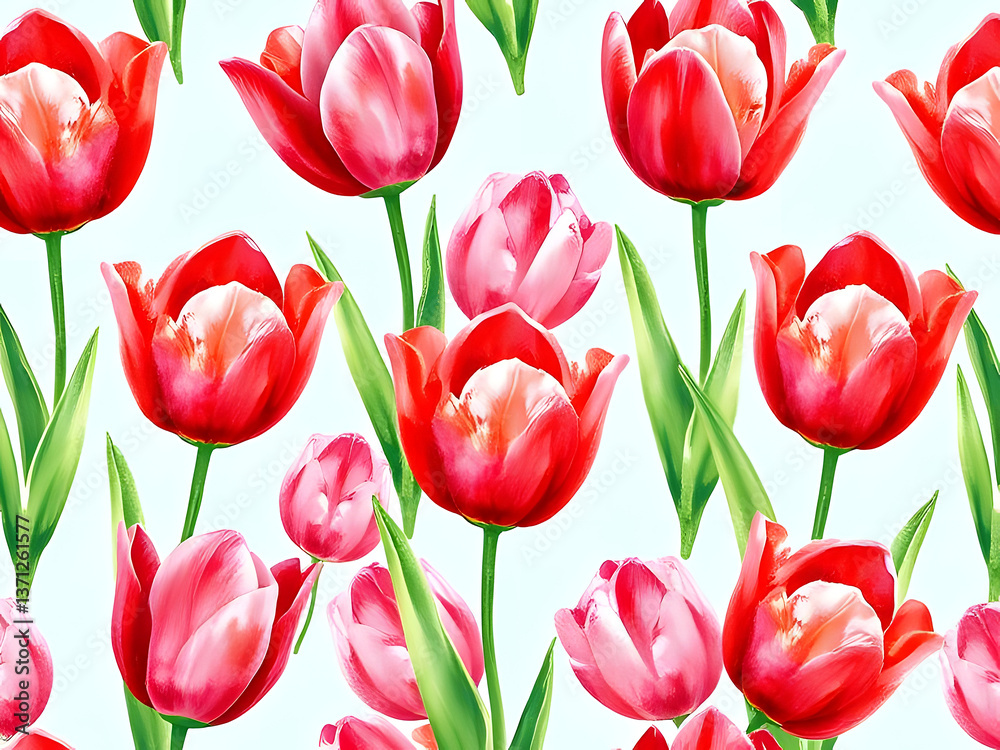 Obraz premium Stunning Seamless Red Tulip Floral Pattern Vibrant Spring Flower Background.