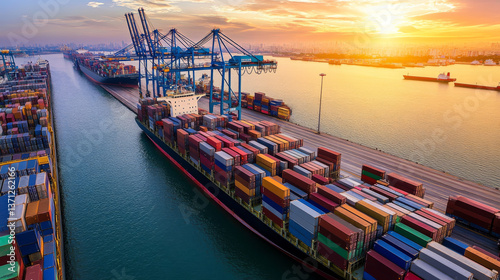 International business logistics transportation teamwork concept, double exposure of handshake partnership import export delivery background and modern futuristic of container cargo freight ship truck