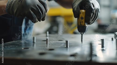 A construction worker tightening screws into a metal surface. Featuring focus and accuracy
