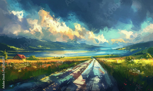 illustration Colorful painted road amidst scenic landscape