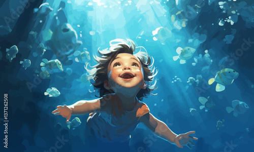 illustration of amazed baby swimming underwater with and looking away