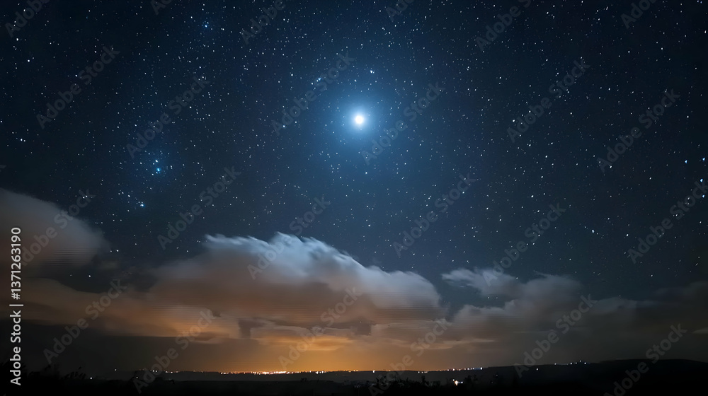 Fototapeta premium Stunning Night Sky With Stars Moon And City Lights