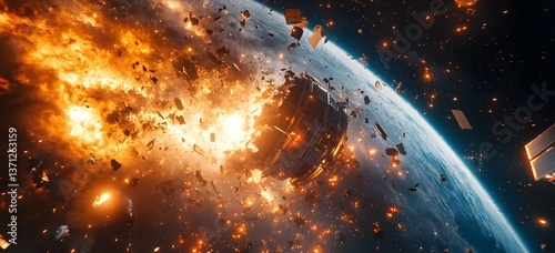 Fototapeta Naklejka Na Ścianę i Meble -  A catastrophic space battle unfolds above Earth, with burning debris and exploding spacecraft filling the sky,


