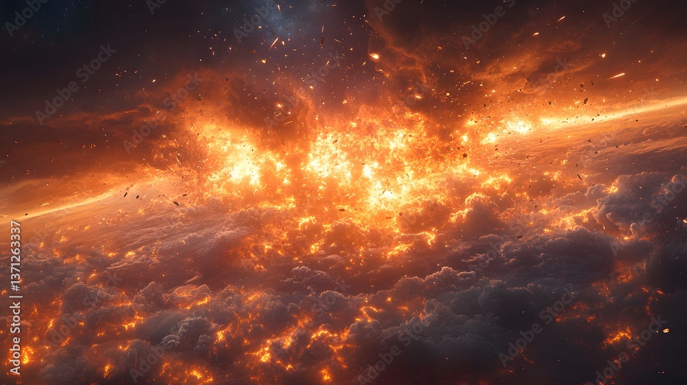 A catastrophic space battle unfolds above Earth, with burning debris and exploding spacecraft filling the sky,
A catastrophic space battle unfolds above Earth, with burning debris and exploding spacecraft filling the sky,