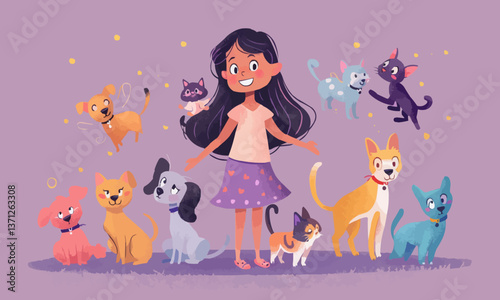 illustration of full body of delighted Hispanic teenage girl with dark hair in casual clothes smiling brightly while caressing cute fairy cat near colorful dogs against purple background