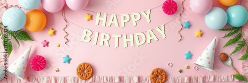 Wallpaper Mural Colorful birthday celebration setup with balloons, decorations, and treats on a pink background Torontodigital.ca