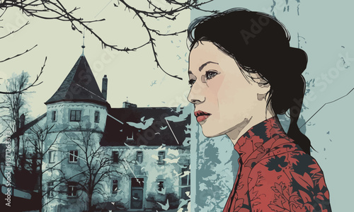 illustration of German woman and old building