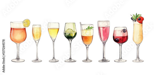A series of glasses with assorted drinks, ideal for a beverage theme.