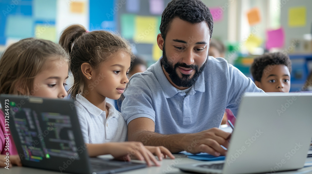 Elementary School Science Class: Over the Shoulder Little Boy and Girl Use Laptop with Screen Showing Programming Software. Physics Teacher Explains Lesson to a Diverse Class full of Smart Kids Elementary School Science Class: Over the Shoulder Little Boy and Girl Use Laptop with Screen Showing Programming Software. Physics Teacher Explains Lesson to a Diverse Class full of Smart Kids