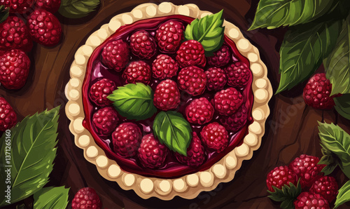 A top view of a delicious summer pastry dessert with berry tartlets in the background.