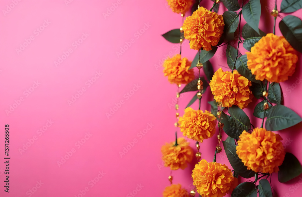 Fototapeta premium Indian floral garland toran of marigold flowers, mango leaves on pink background. Hindu festive decoration for Diwali festival, wedding, banner, poster, template, invitation card. Copy space