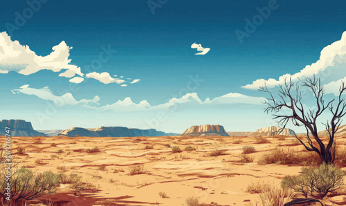 Arid desert landscape encroaching on farmlands, illustrating desertification due to climate change, Desertification, land degradation