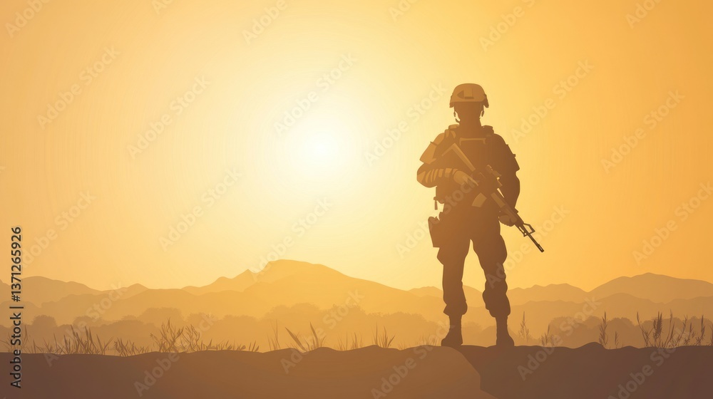 Fototapeta premium Silhouette of a Soldier at Sunset Military Adventure and Landscape Photography