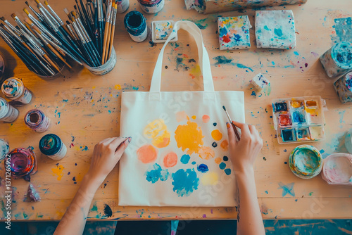 A person creatively paints vibrant, colorful shapes using acrylic paint on an empty canvas tote bag,