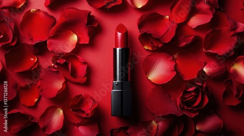 Red lipstick surrounded by rose petals on a red background (1)