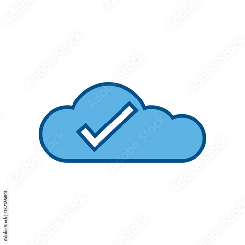 Flat Vector Illustration of a Cloud with Check Mark Symbol Representing Cloud Approval, Data Validation, or Secure Cloud Storage