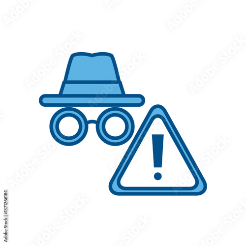 Vector illustration of a cybersecurity threat with an incognito figure and warning sign, symbolizing online privacy risk or potential data breach