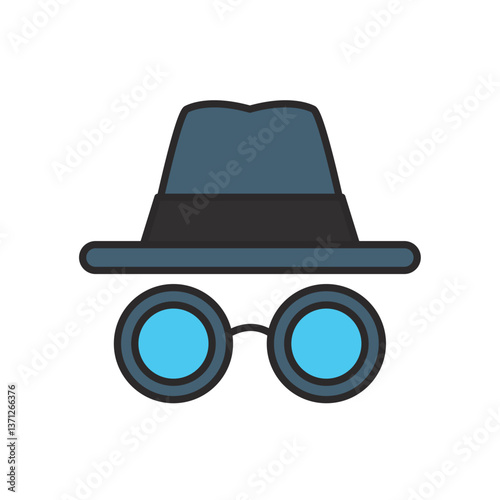 Flat Vector Illustration of a Spy Icon with Fedora Hat and Round Blue Glasses on White Background