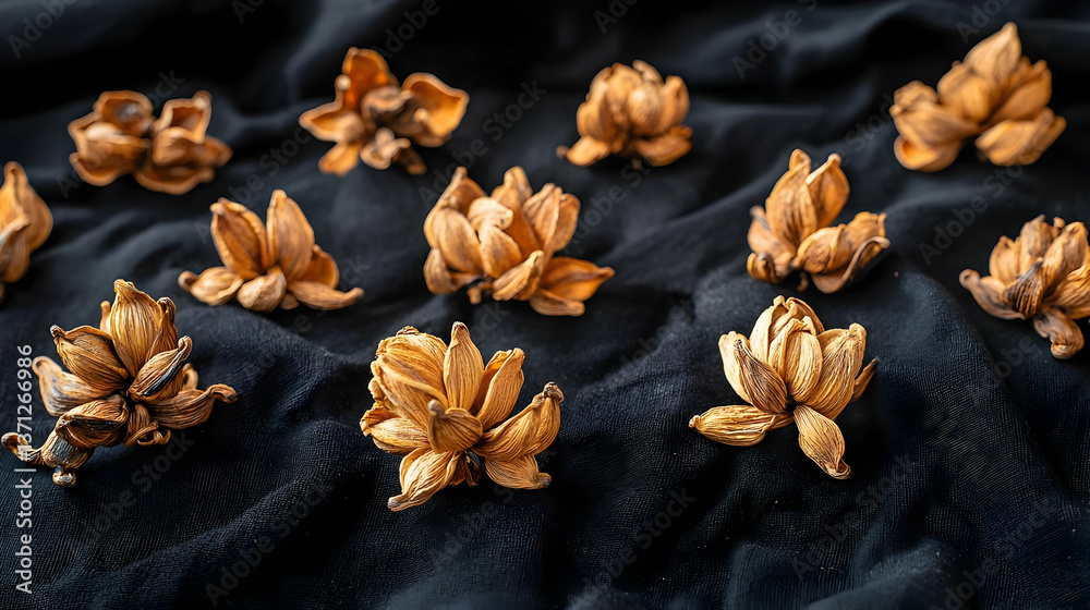 Fototapeta premium Dried Nut Arrangement On Dark Fabric