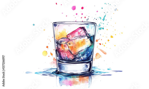 Colorful ink and paint mixture in a glass of water, watercolor technique, artistic splatter