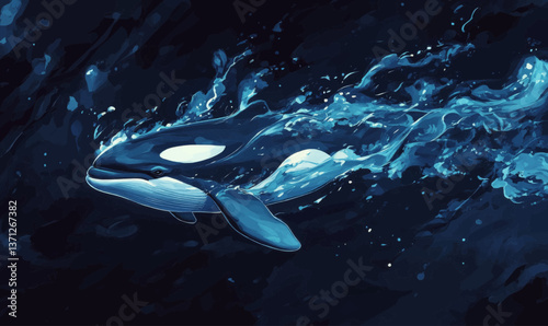 Dark blue orca whale swimming in the ocean, movement, swimming, water