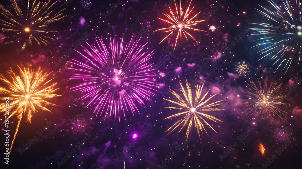 From below shot of wonderful vivid fireworks exploding on background of black night sky From below shot of wonderful vivid fireworks exploding on background of black night sky
