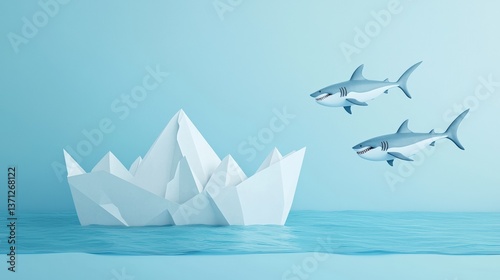 Debt iceberg sinking a paper boat budget while sharks circle in serene blue waters