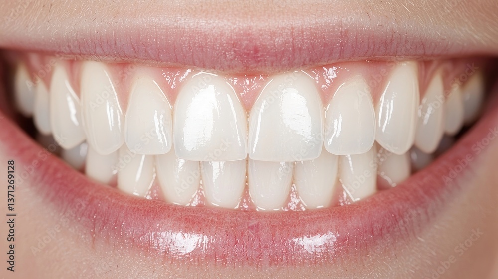 Fototapeta premium Healthy, bright smile with perfectly aligned teeth. Close-up view of a woman's mouth showcasing a gleaming, healthy smile. Teeth are white and evenly spaced. Soft pink lips