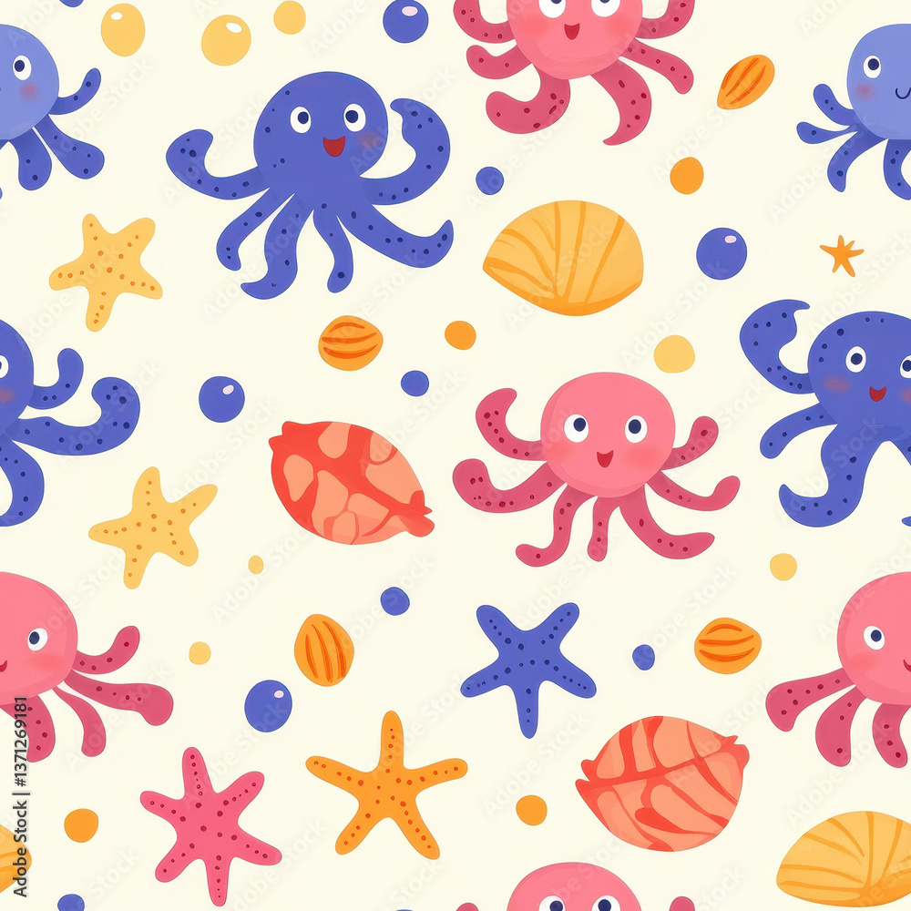 Obraz premium Delightful seamless design featuring handdrawn sea creatures perfect for textiles, gift wrap, and wallpaper.