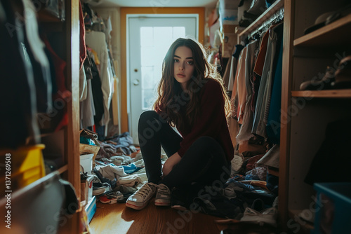 A photo of Lily Collins sitting in a messy closet, with shoes, clothes, and belongings scattered around in a haphazard manner.
