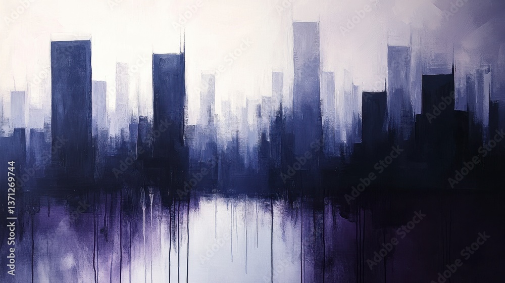 Abstract Cityscape in Shades of Purple and Grey - Modern Urban Art Painting