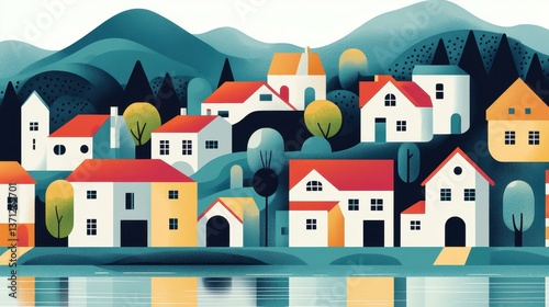 A stunning village landscape bursting with color, showcasing rolling hills and serene skies in a clean illustration.