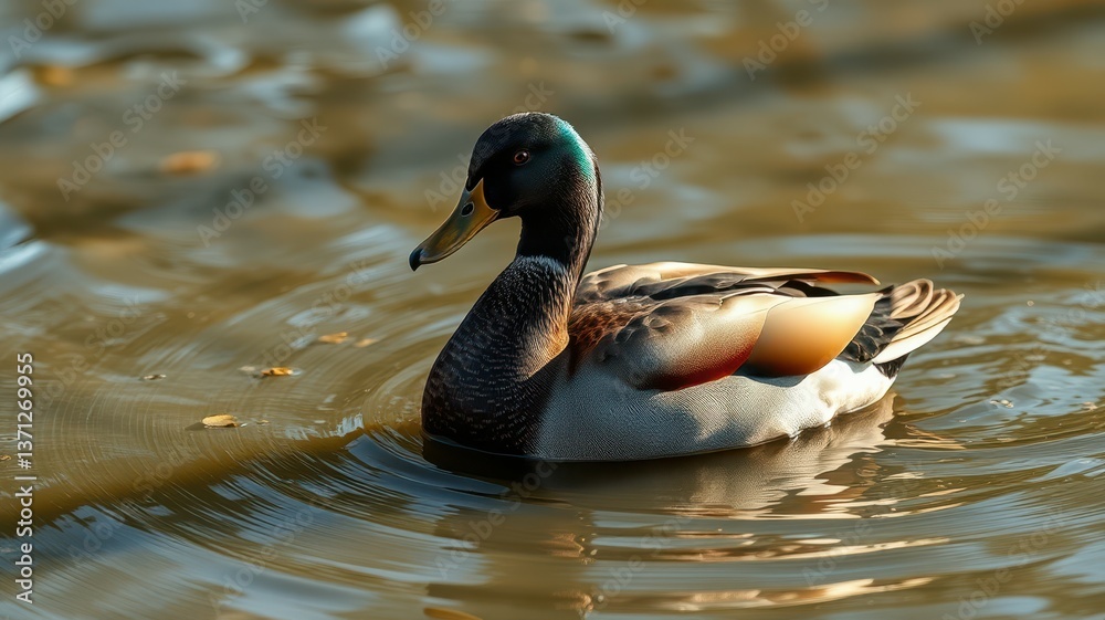 Duck swims gracefully in a tranquil pond during a sunny day Duck swims gracefully in a tranquil pond during a sunny day
