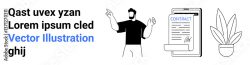Man gesturing towards a clipboard with contract paperwork next to a potted plant. Ideal for business, agreements, legal services, work ethics, documentation, presentations, flat landing page banner