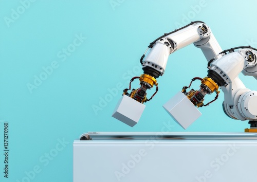 Advanced robotic arms handling white cubes in an industrial setting against a bright blue background