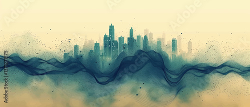 The idea of smart city and abstract dotted points connected by gradient lines and aesthetic intricate wave lines, a concept of big data connection technology