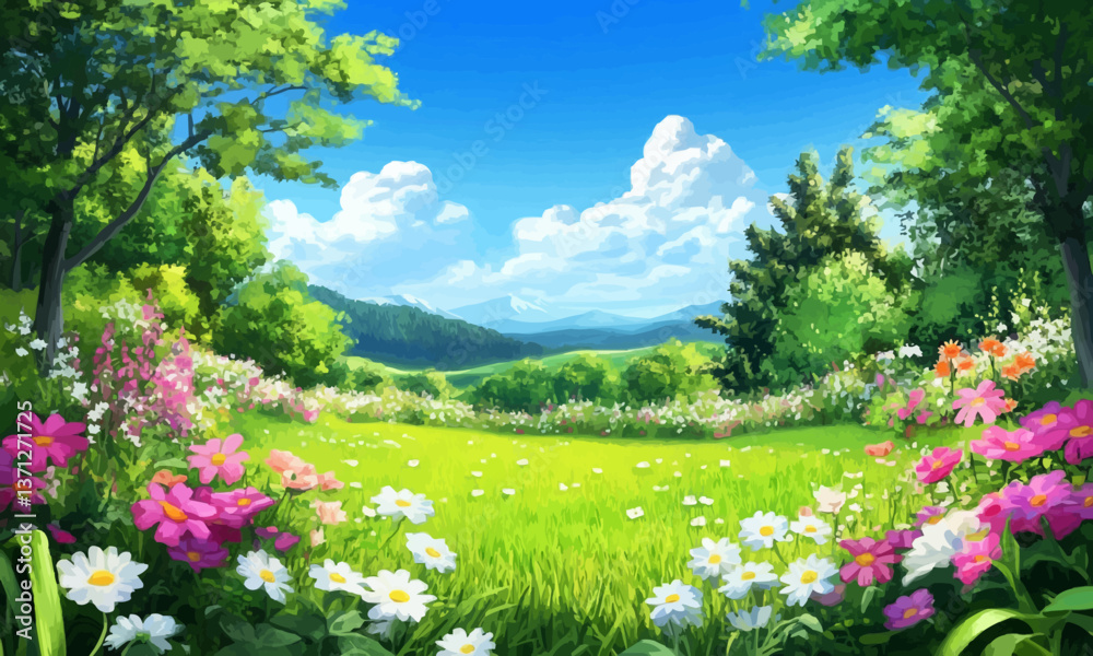 Vibrant garden with colorful flowers, green grass, and blue sky.