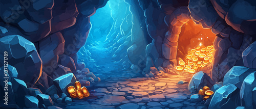 Cave entrance with glowing treasure, coins scattered on rocky ground.