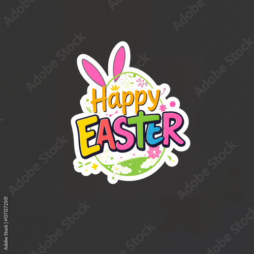 multicolored sticker with the inscription “Happy Easter” on the background of the outline of a painted Easter egg decorated with bunny ears, with a white clear border, on a gray background