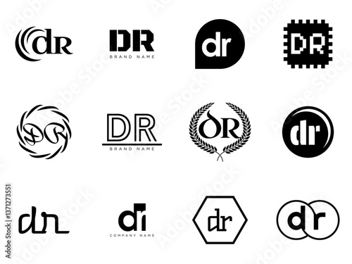 DR logo company template. Letter d and r logotype. Set different classic serif lettering and modern bold text with design elements. Initial font typography.
