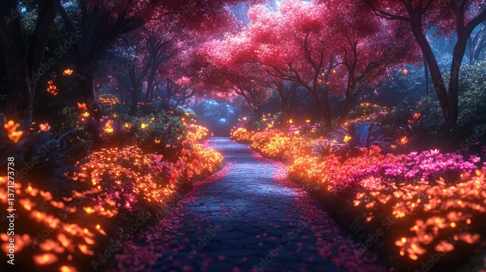 Enchanted Forest Path: A Digital Painting of a Magical Nighttime Garden Enchanted Forest Path: A Digital Painting of a Magical Nighttime Garden